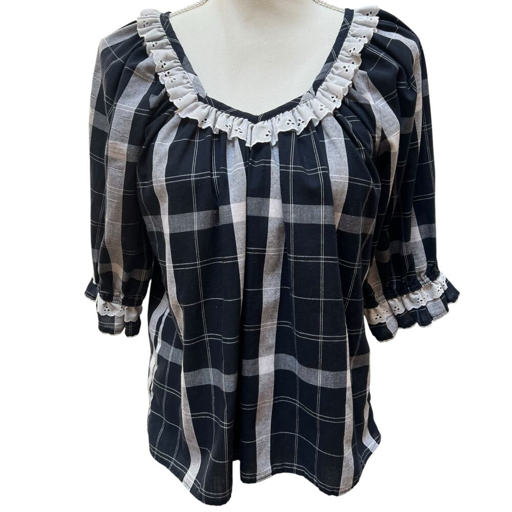 Rockmount Ranch Wear Navy Plaid Peasant Blouse Lace Trim USA Made Large